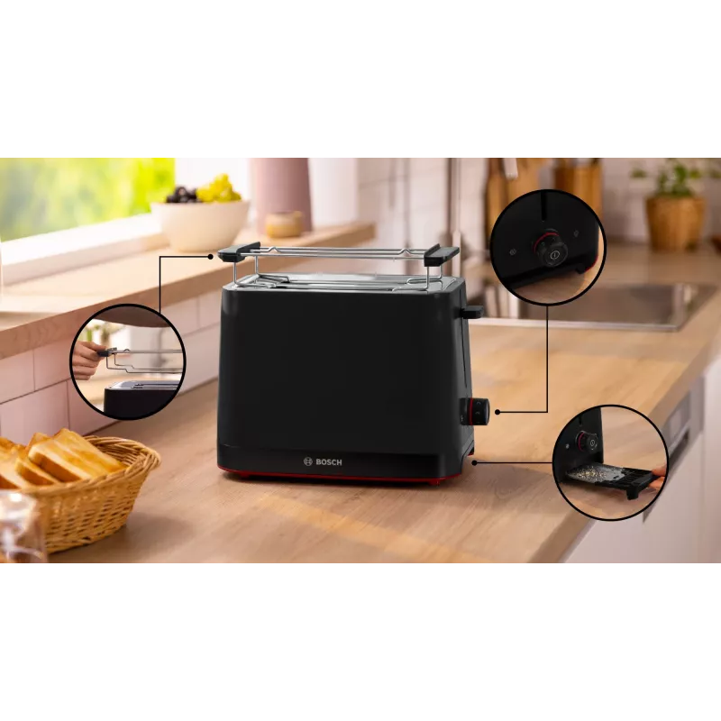 Toasteris Bosch TAT3M123 2 šķēlēm, 950 W, melns, rotācijas vadība, atkausēšana un uzsildīšana