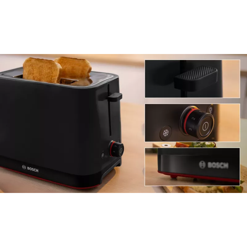 Toasteris Bosch TAT3M123 2 šķēlēm, 950 W, melns, rotācijas vadība, atkausēšana un uzsildīšana