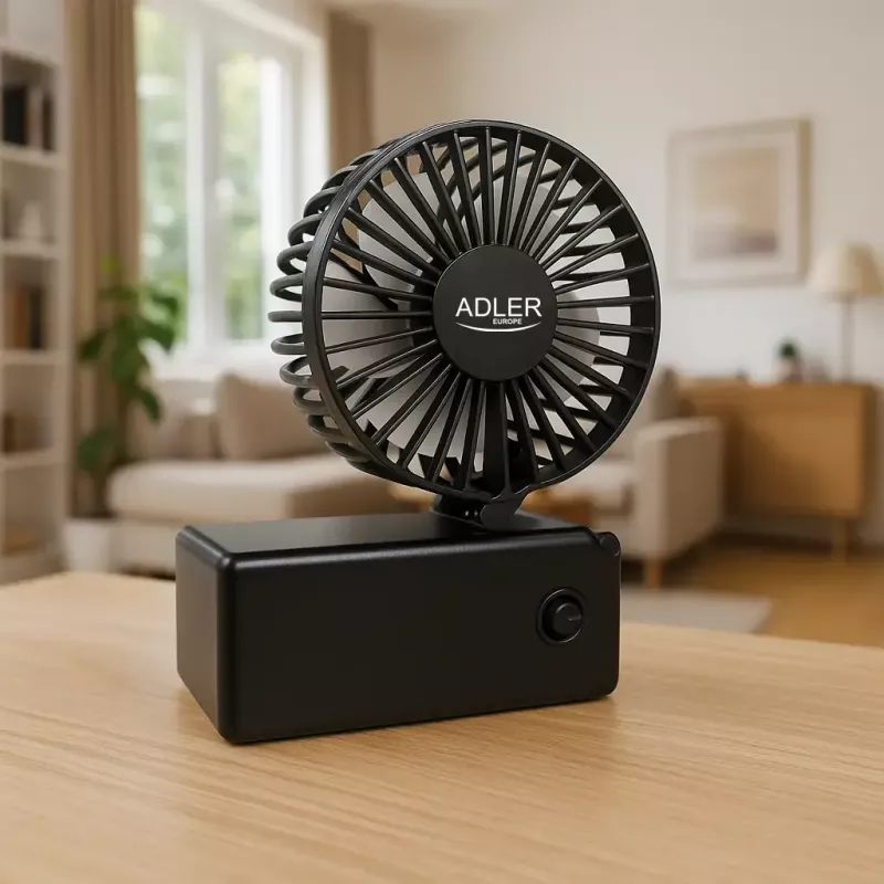 Galda ventilators Adler AD 7336 — salokāms mini ventilators, 6,5 cm diametrs, 1 ātrums, melns