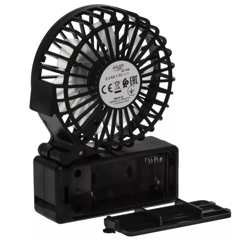 Galda ventilators Adler AD 7336 — salokāms mini ventilators, 6,5 cm diametrs, 1 ātrums, melns
