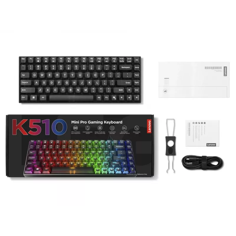 Mehāniskā spēļu tastatūra Lenovo Legion K510 Mini Pro 75% US English, 84 taustiņi, RGB, USB, 1,8 m kabelis, melna/caurspīdīga