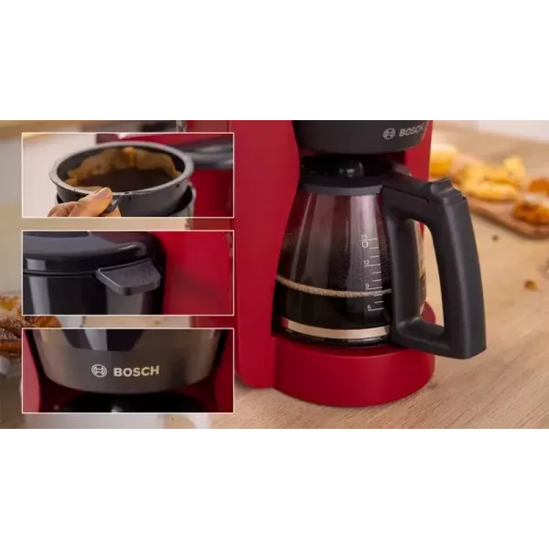 Pilienveida kafijas automāts Bosch TKA2M114 — 1,25 L ūdens tvertne, 15 krūzēm, sarkans