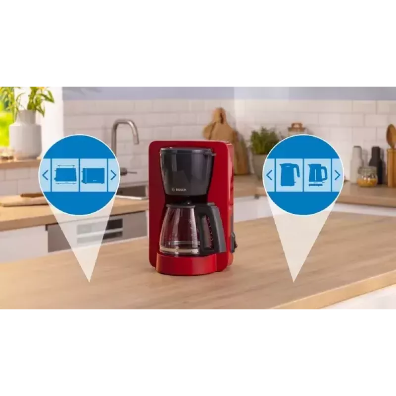 Pilienveida kafijas automāts Bosch TKA2M114 — 1,25 L ūdens tvertne, 15 krūzēm, sarkans