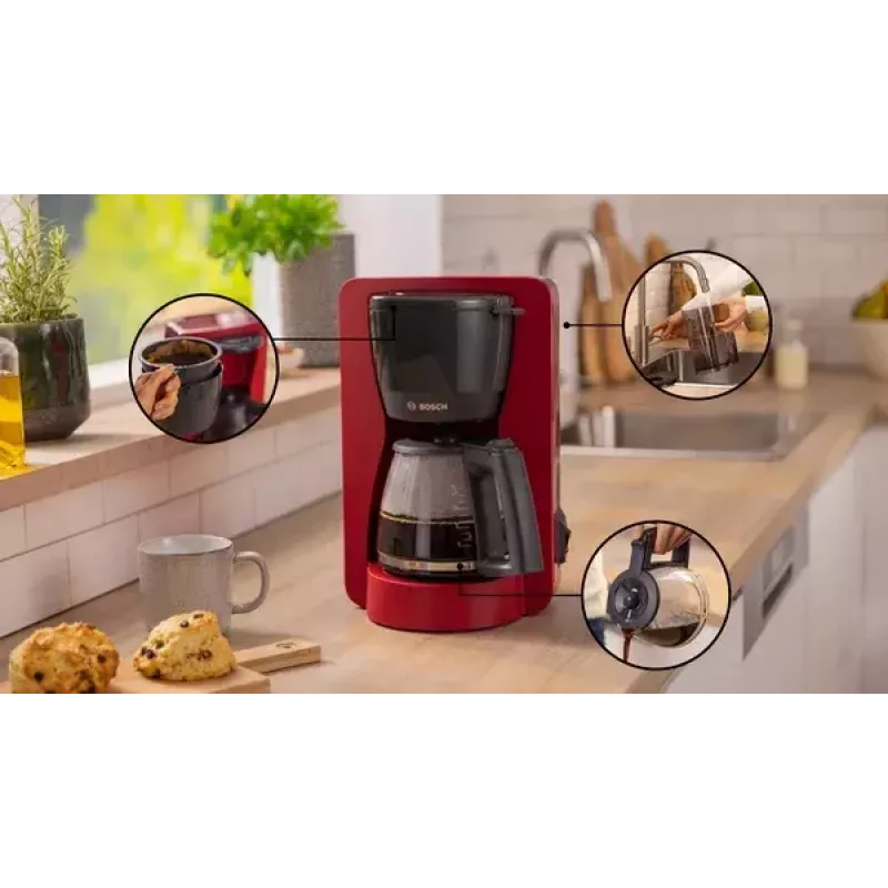 Pilienveida kafijas automāts Bosch TKA2M114 — 1,25 L ūdens tvertne, 15 krūzēm, sarkans