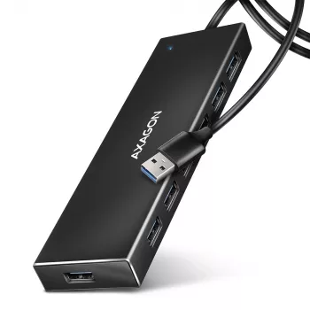 Axagon HUE-F7A 7x USB 3.2 Gen 1 ALU FLAT centrmezgls ar mikrobarošanas ieeju 1m USB-A USB 3.2 Gen 1 (3.1 Gen 1) Type-A 5000 Mbit/s Melns