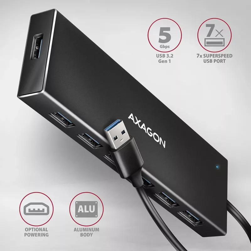 Axagon HUE-F7A 7x USB 3.2 Gen 1 ALU FLAT centrmezgls ar mikrobarošanas ieeju 1m USB-A USB 3.2 Gen 1 (3.1 Gen 1) Type-A 5000 Mbit/s Melns