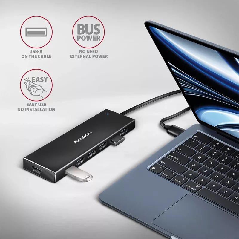 Axagon HUE-F7A 7x USB 3.2 Gen 1 ALU FLAT centrmezgls ar mikrobarošanas ieeju 1m USB-A USB 3.2 Gen 1 (3.1 Gen 1) Type-A 5000 Mbit/s Melns