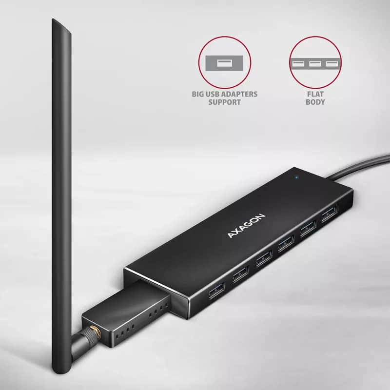 Axagon HUE-F7A 7x USB 3.2 Gen 1 ALU FLAT centrmezgls ar mikrobarošanas ieeju 1m USB-A USB 3.2 Gen 1 (3.1 Gen 1) Type-A 5000 Mbit/s Melns