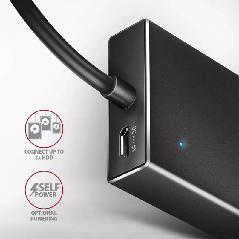 Axagon HUE-F7A 7x USB 3.2 Gen 1 ALU FLAT centrmezgls ar mikrobarošanas ieeju 1m USB-A USB 3.2 Gen 1 (3.1 Gen 1) Type-A 5000 Mbit/s Melns
