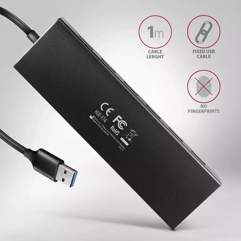 Axagon HUE-F7A 7x USB 3.2 Gen 1 ALU FLAT centrmezgls ar mikrobarošanas ieeju 1m USB-A USB 3.2 Gen 1 (3.1 Gen 1) Type-A 5000 Mbit/s Melns