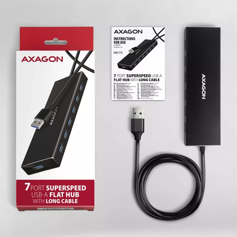 Axagon HUE-F7A 7x USB 3.2 Gen 1 ALU FLAT centrmezgls ar mikrobarošanas ieeju 1m USB-A USB 3.2 Gen 1 (3.1 Gen 1) Type-A 5000 Mbit/s Melns