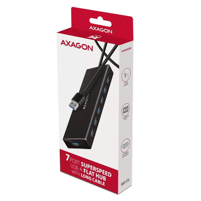 Axagon HUE-F7A 7x USB 3.2 Gen 1 ALU FLAT centrmezgls ar mikrobarošanas ieeju 1m USB-A USB 3.2 Gen 1 (3.1 Gen 1) Type-A 5000 Mbit/s Melns
