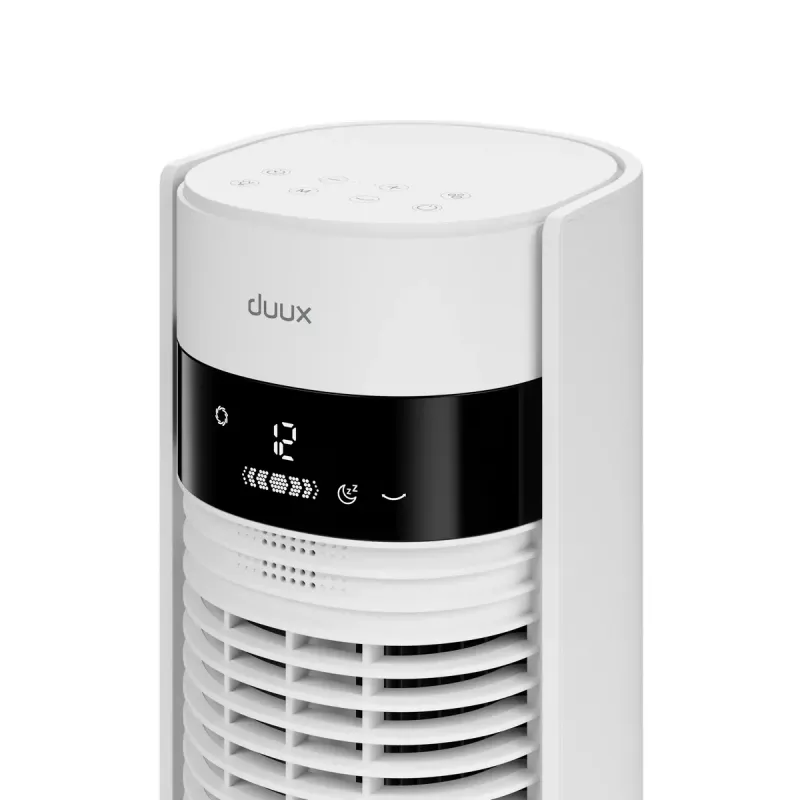 Torņa ventilators Duux Elevate DXTF02 — 29 cm diametrs, 12 ātrumi, svārstības, 4–40 W, balts