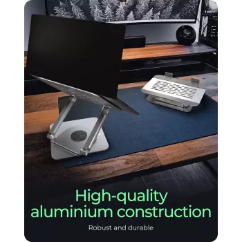 Klēpjdatora statīvs RAIDSONIC IB-NH300-R, alumīnija, sudraba krāsā, piemērots 17 collu (43,2 cm) ierīcēm, 360° rotācija, 280×230×550 mm