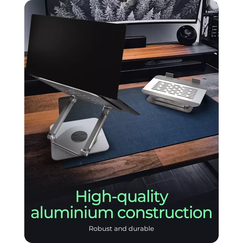 Klēpjdatora statīvs RAIDSONIC IB-NH300-R, alumīnija, sudraba krāsā, piemērots 17 collu (43,2 cm) ierīcēm, 360° rotācija, 280×230×550 mm