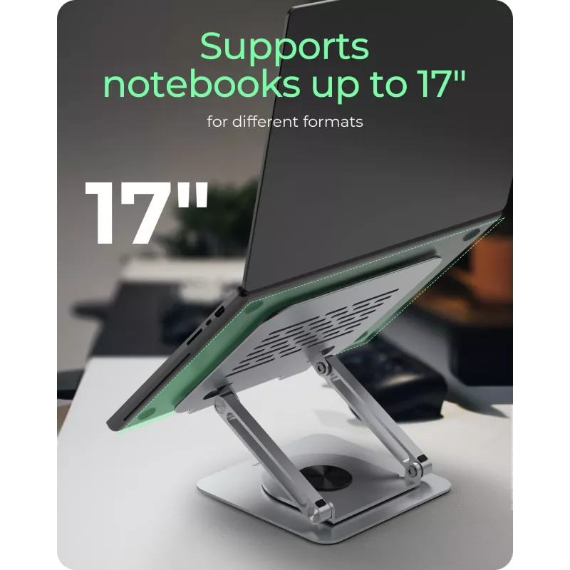 Klēpjdatora statīvs RAIDSONIC IB-NH300-R, alumīnija, sudraba krāsā, piemērots 17 collu (43,2 cm) ierīcēm, 360° rotācija, 280×230×550 mm