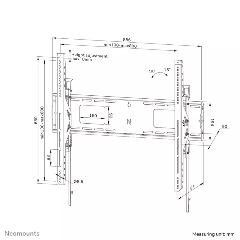 Neomounts lieljaudas televizora sienas stiprinājums 125 kg 43-98 collas VESA 100x100-800x600