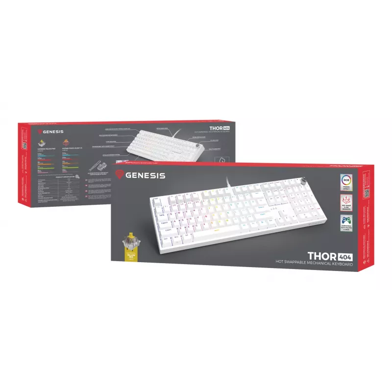 Mehāniskā tastatūra GENESIS THOR 404, pilna izmēra USB, QWERTY angļu valoda, RGB fona apgaismojums, balta