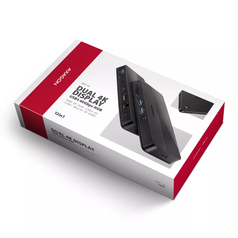 Axagon HMC-U4 USB4 dokstacija, 3x USB-A, 2x USB-C, HDMI un DP 8K/30Hz, RJ-45, SD/mSD, audio, PD 100W