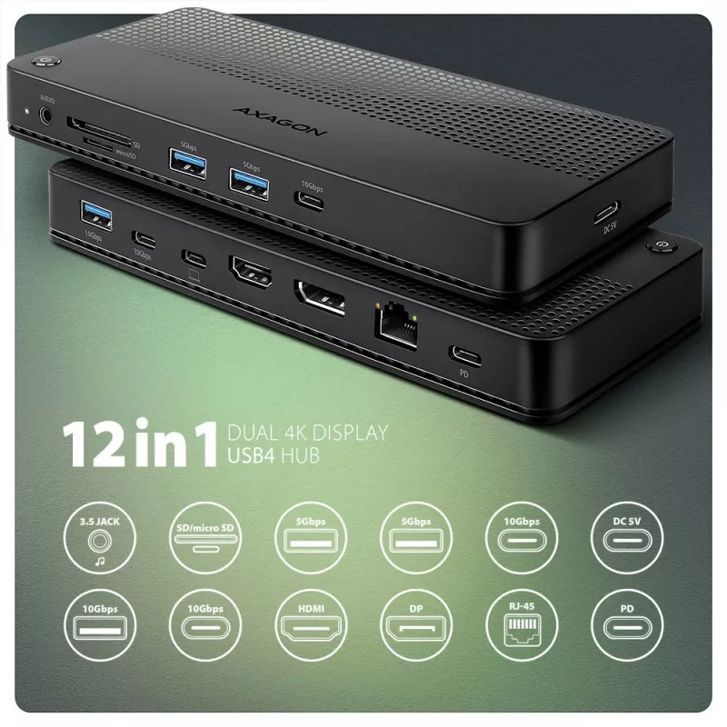 Axagon HMC-U4 USB4 dokstacija, 3x USB-A, 2x USB-C, HDMI un DP 8K/30Hz, RJ-45, SD/mSD, audio, PD 100W