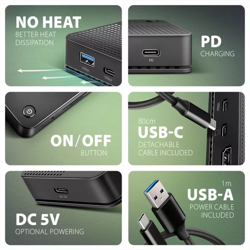Axagon HMC-U4 USB4 dokstacija, 3x USB-A, 2x USB-C, HDMI un DP 8K/30Hz, RJ-45, SD/mSD, audio, PD 100W