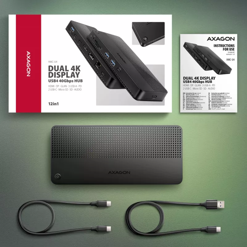 Axagon HMC-U4 USB4 dokstacija, 3x USB-A, 2x USB-C, HDMI un DP 8K/30Hz, RJ-45, SD/mSD, audio, PD 100W