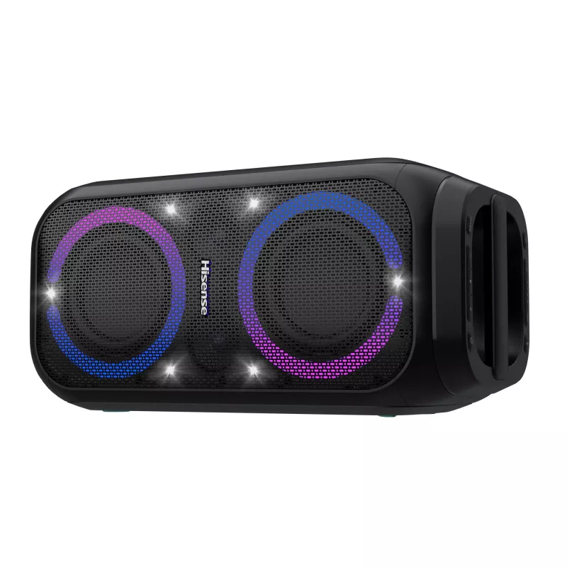 Pārnēsājams ballīšu skaļrunis HISENSE Party Rocker 160 — 160 W RMS, 2.0 kanāli, IPX4, melns, 6,3 kg