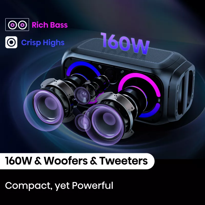 Pārnēsājams ballīšu skaļrunis HISENSE Party Rocker 160 — 160 W RMS, 2.0 kanāli, IPX4, melns, 6,3 kg