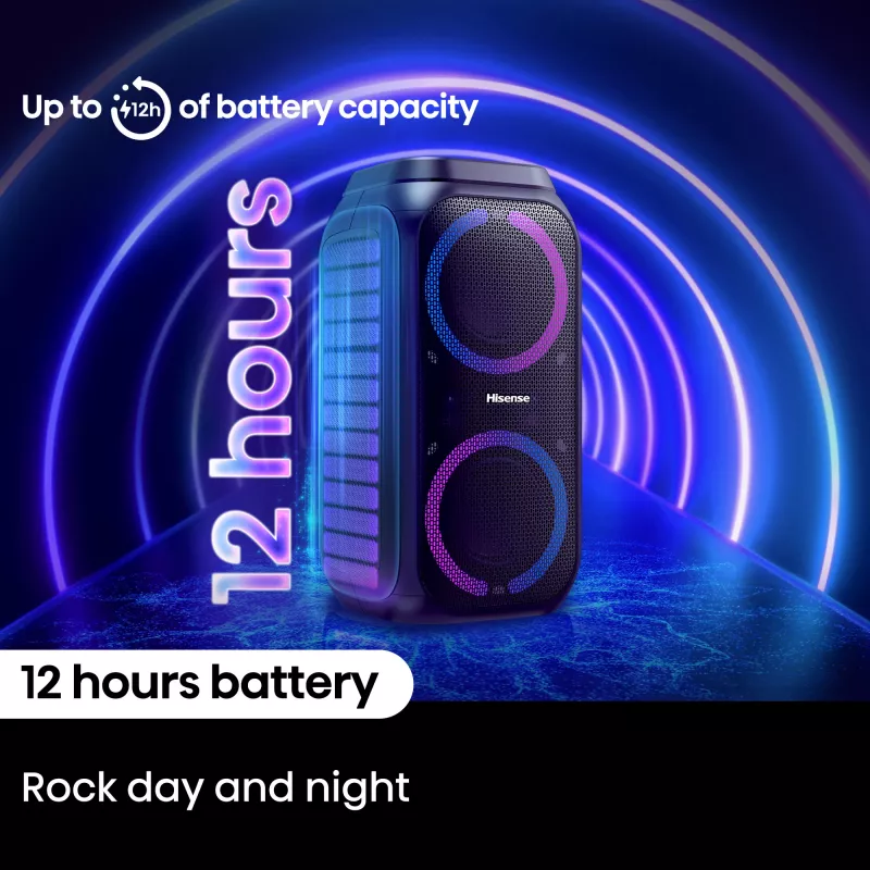Pārnēsājams ballīšu skaļrunis HISENSE Party Rocker 160 — 160 W RMS, 2.0 kanāli, IPX4, melns, 6,3 kg