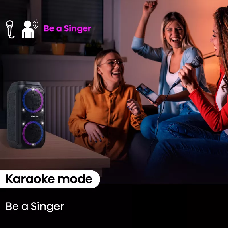 Pārnēsājams ballīšu skaļrunis HISENSE Party Rocker 160 — 160 W RMS, 2.0 kanāli, IPX4, melns, 6,3 kg