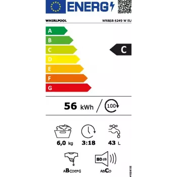Whirlpool WRBSB 6249 W EU veļas mazgājamā mašīna — ielādējama no priekšpuses, 6 kg, 1151 apgr./min, C energoefektivitātes klase, balta