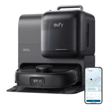Robotputekļsūcējs un mazgājamā lupata Eufy Omni E28 — 3 L putekļu, 2,5 L ūdens, 5200 mAh akumulators, melns