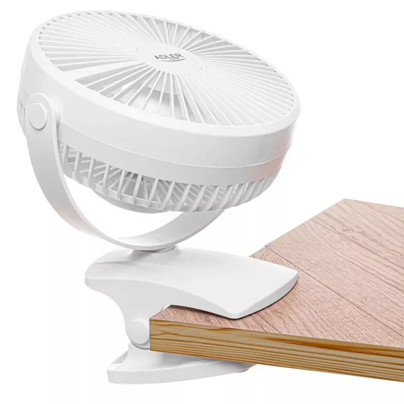 Uzlādējams piespraužams galda ventilators Adler AD 7342 — 15,5 cm, 3 ātrumi, oscilācija, 5 W