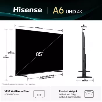 Hisense 85A6Q televizors 2,16 m (85 collas) 4K Ultra HD viedtelevizors Wi-Fi melns 400 cd/m²