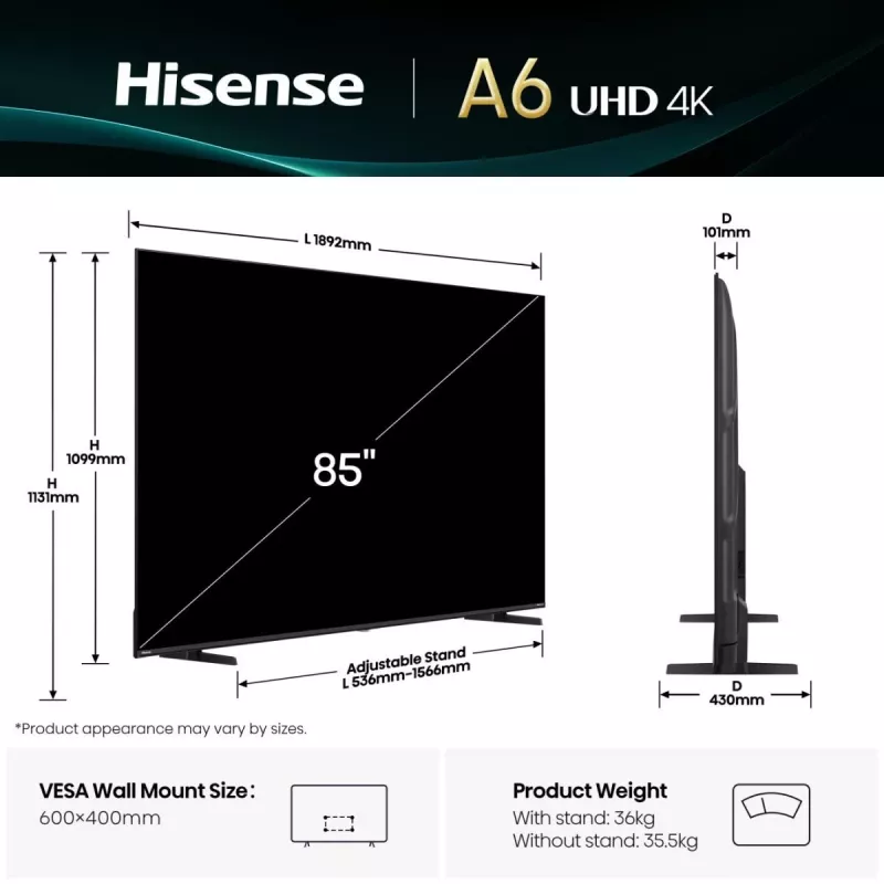 Hisense 85A6Q televizors 2,16 m (85 collas) 4K Ultra HD viedtelevizors Wi-Fi melns 400 cd/m²