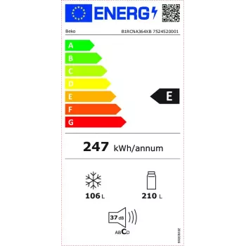 Ledusskapis BEKO B1RCNA364XB — 316 L kopējā tilpums, ledusskapis 210 L, saldētava 106 L, No Frost, labās puses eņģes