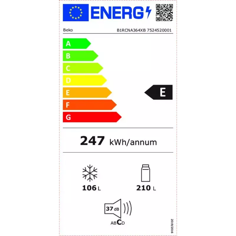 Ledusskapis BEKO B1RCNA364XB — 316 L kopējā tilpums, ledusskapis 210 L, saldētava 106 L, No Frost, labās puses eņģes