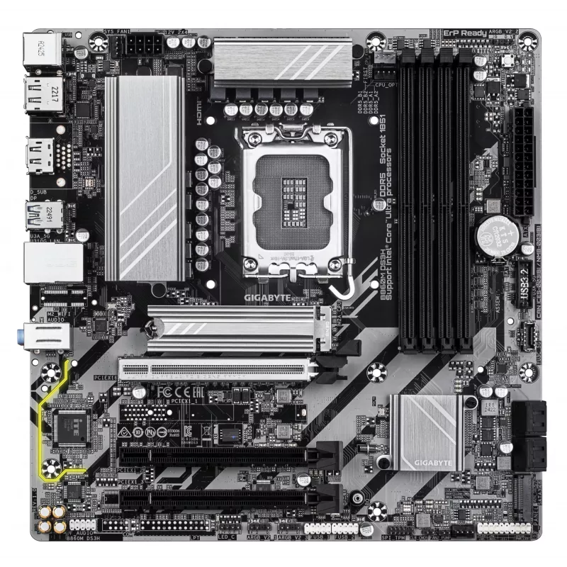 Mātesplate GIGABYTE B860M DS3H — Intel Core Ultra sērijas CPU, 5+1+2+1 fāžu VRM, līdz 9066MHz DDR5, 1xPCIe 5.0 + 1xPCIe 4.0 M.2, 2.5GbE LAN, USB 3.2 Gen 2