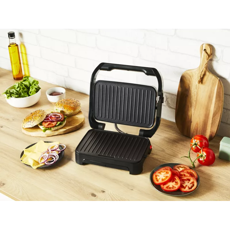 Kontaktgrils Tefal Inicio Compact GC270D10 — taisnstūra formas, 1000 W, restes augšdaļa, melns/nerūsējošais tērauds