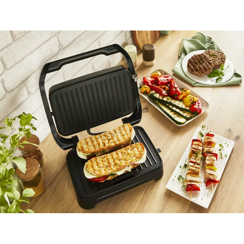 Kontaktgrils Tefal Inicio Compact GC270D10 — taisnstūra formas, 1000 W, restes augšdaļa, melns/nerūsējošais tērauds