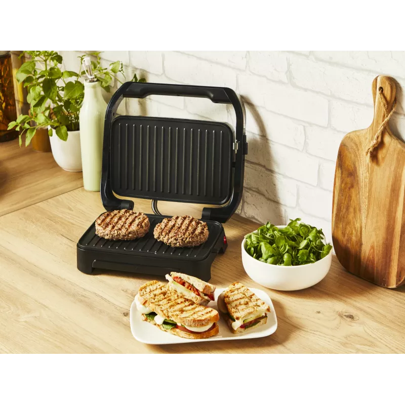 Kontaktgrils Tefal Inicio Compact GC270D10 — taisnstūra formas, 1000 W, restes augšdaļa, melns/nerūsējošais tērauds