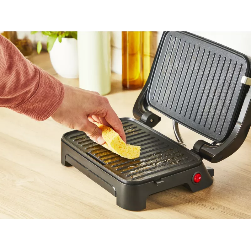 Kontaktgrils Tefal Inicio Compact GC270D10 — taisnstūra formas, 1000 W, restes augšdaļa, melns/nerūsējošais tērauds