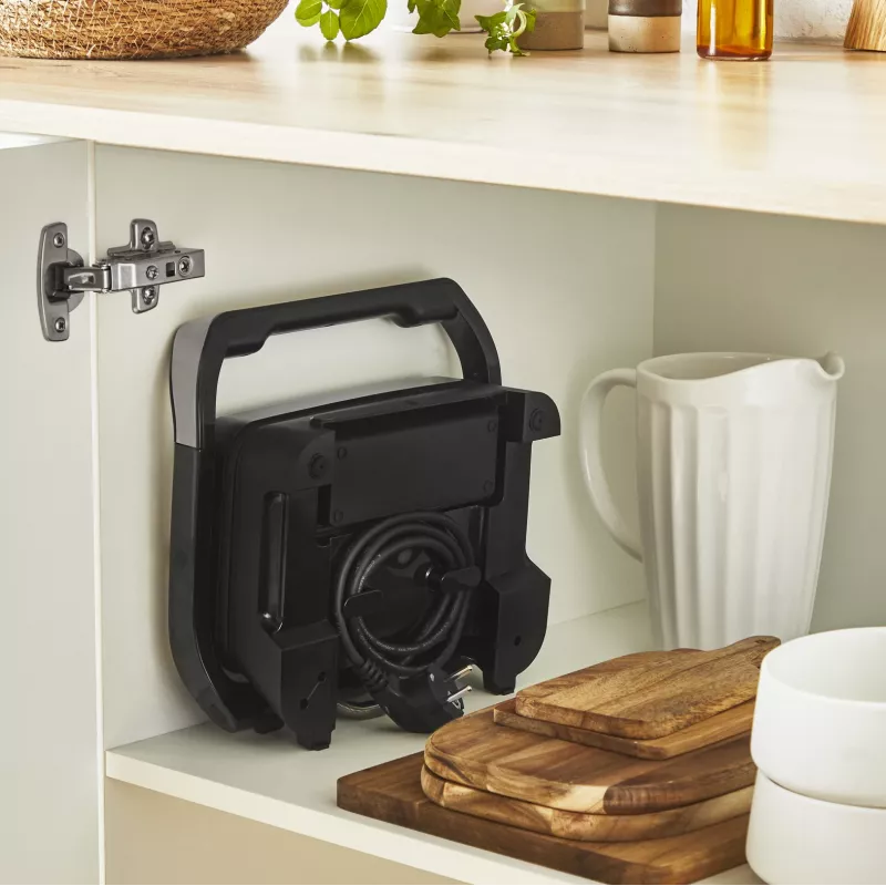 Kontaktgrils Tefal Inicio Compact GC270D10 — taisnstūra formas, 1000 W, restes augšdaļa, melns/nerūsējošais tērauds