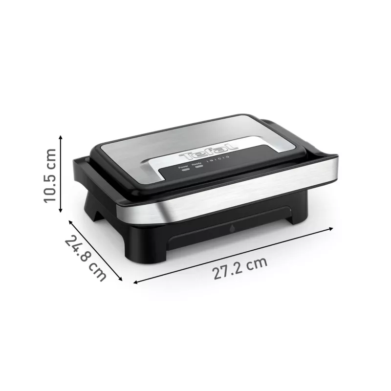 Kontaktgrils Tefal Inicio Compact GC270D10 — taisnstūra formas, 1000 W, restes augšdaļa, melns/nerūsējošais tērauds
