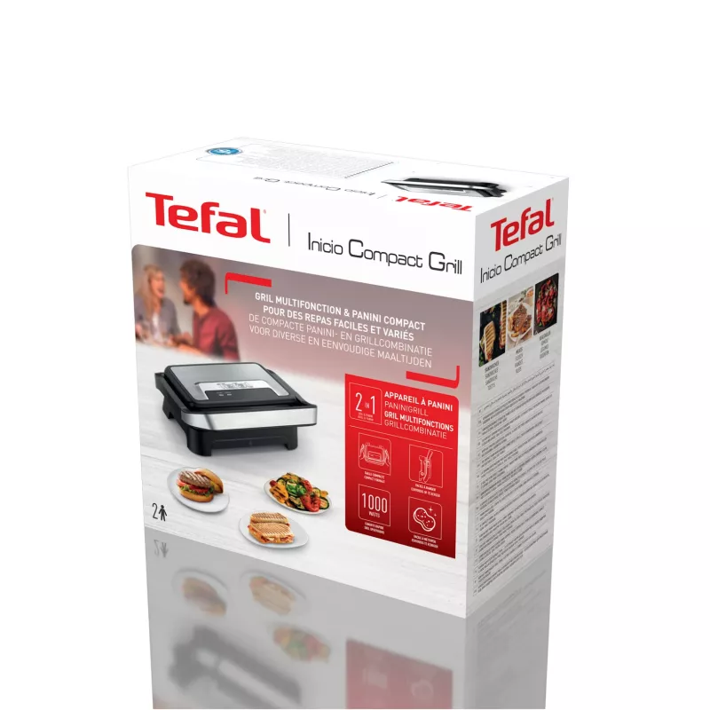 Kontaktgrils Tefal Inicio Compact GC270D10 — taisnstūra formas, 1000 W, restes augšdaļa, melns/nerūsējošais tērauds