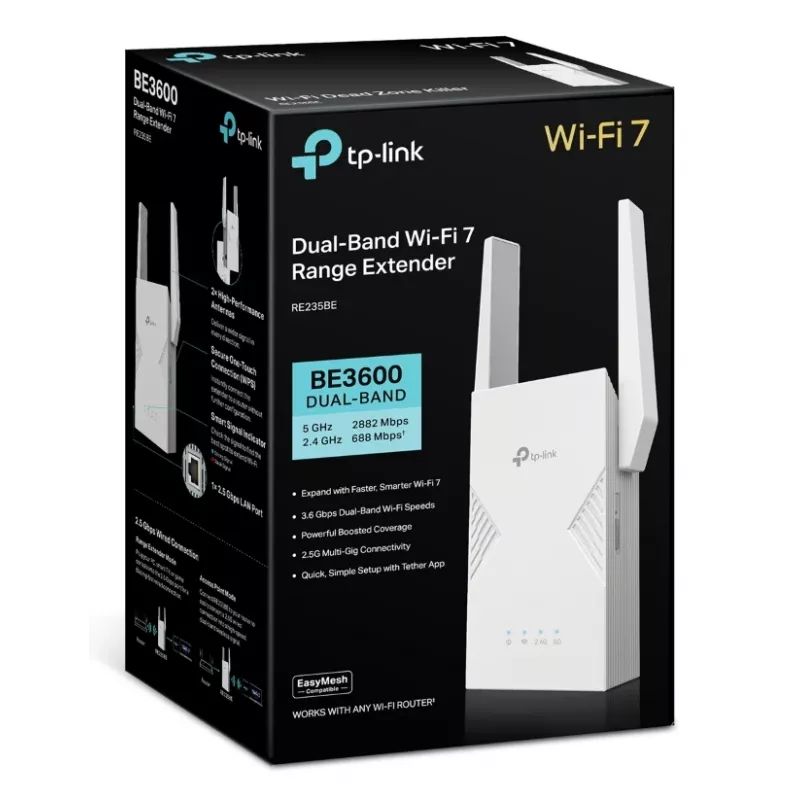 Tīkla raidītājs un uztvērējs TP‑LINK BE3600 2882 Mbit/s, divu joslu 2.4/5 GHz, 1× RJ‑45, balts