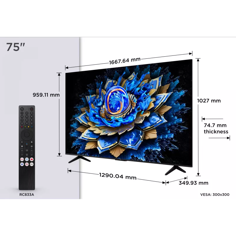 TCL T69C 75T69C TV 190.5 cm (75 collas) 4K Ultra HD Smart TV Wi-Fi Melns 350 cd/m²