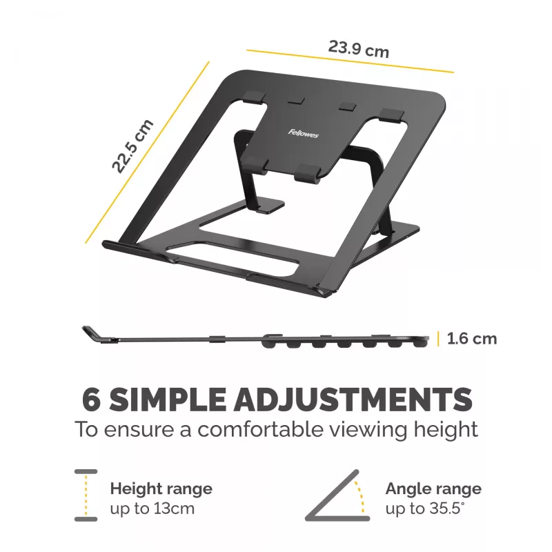 Fellowes Alumia Laptop Riser Portable Laptop Stand Max Size 15 inch Max Weight 5kg Melns