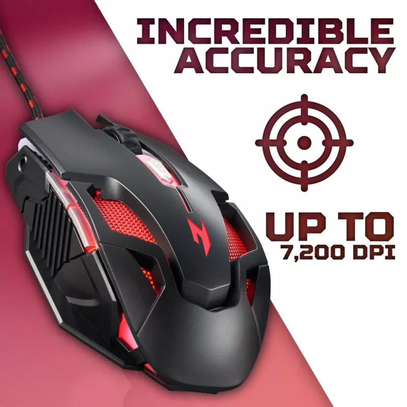 Spēļu pele Acer Nitro NMW200 — abpusēja, optiska 7200 DPI, 7 pogas, USB Type-A, melna