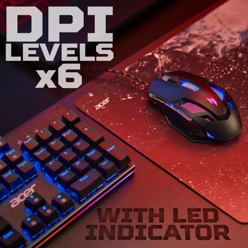 Spēļu pele Acer Nitro NMW200 — abpusēja, optiska 7200 DPI, 7 pogas, USB Type-A, melna